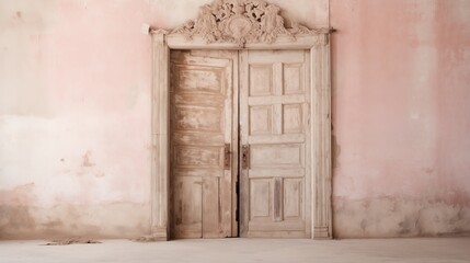 Naklejka premium Rustic door design with intricate patterns, space on the right, soft natural light, light pink background,generative ai illustration