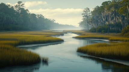 Obraz premium Scenic river flows thru grassy marsh under foggy sky.