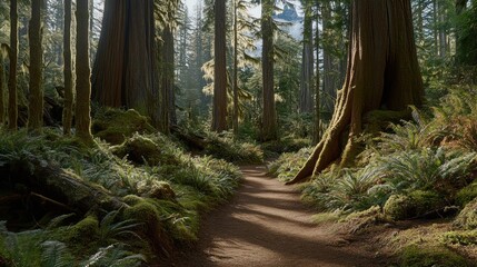 Sunlit path through mossy, old-growth forest.