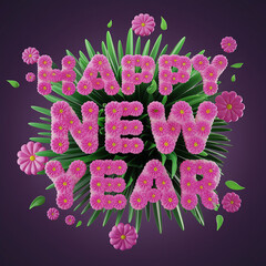 A 3D render of a Happy New Year typography with a colorful flower bouquet