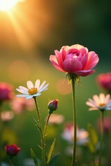 Delicate roses and daisies unfurl petals in an English meadow at sunrise, english meadow, sunrise, sunlight