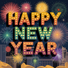 An illustration of a Happy New Year text effect with colorful fireworks