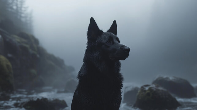 A vlack German Shepherd, is centrally framed against a misty forest and rocky stream