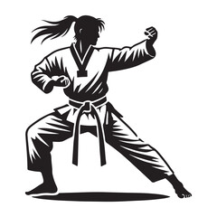 Taekwondo Silhouette Vector Illustration, Solid White Background.