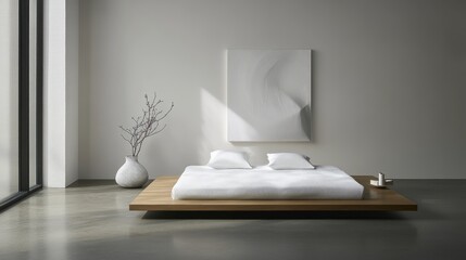 Minimalist bedroom with platform bed, white linens, and artwork.