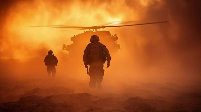 Scene of soldiers heading to a helicopter for a mission, seamless looping motion for background video animation.