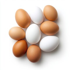 A collection of brown and white chicken eggs isolated on white background.