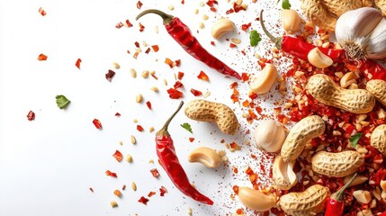 Red chili peppers, peanuts, garlic, and chili flakes scattered on a white background.