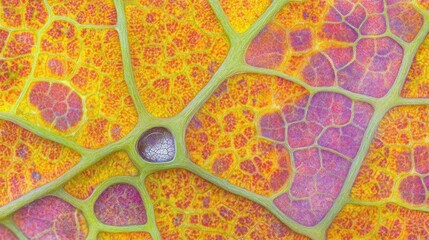 Fototapeta premium Close-up of vibrant autumn leaf veins, showcasing intricate cellular structure and rich colors.