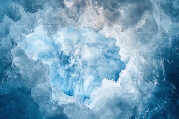 Obraz premium A panoramic view of an ice cave, with the sky visible through its entrance, showcasing intricate patterns and textures in shades of blue and white. The photograph captures the vastness of nature's