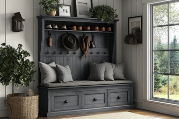 Gray wooden entryway bench with hat and coat rack, open shoe cabinet, shelves for decor, storage drawer with pillows, and decorative accessories.