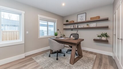 Modern home office with desk, chair, shelves, and natural light.