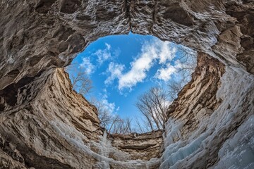 A panoramic view of an ice cave, with the sky visible through its entrance, showcasing intricate patterns and textures in shades of blue and white. The photograph captures the vastness of nature's
