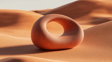 Abstract orange stone sculpture in desert landscape.