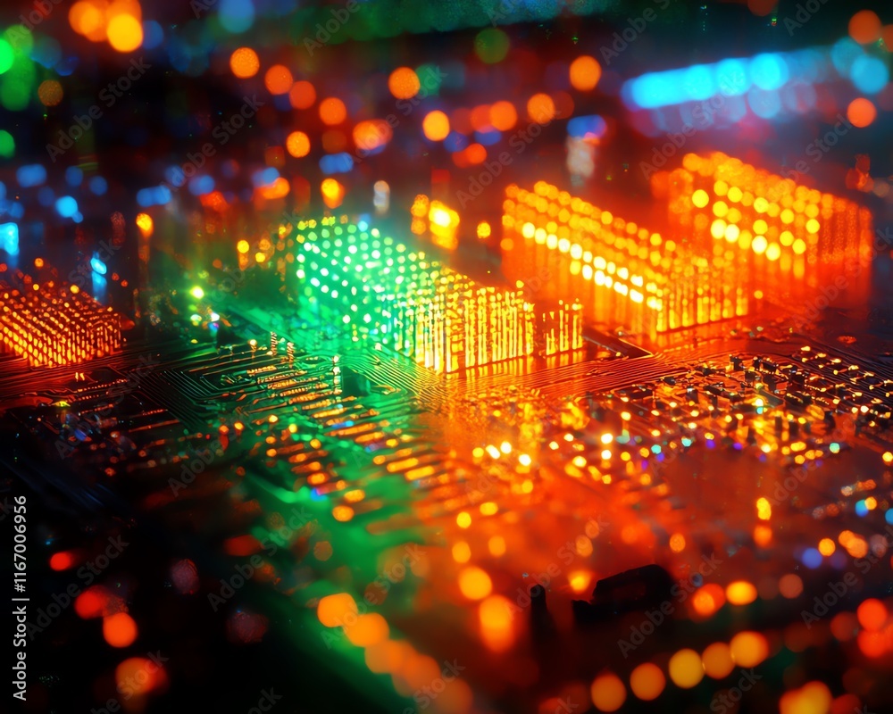 Poster vibrant 3d render of a circuit board with server code, featuring a dynamic abstract technology backg