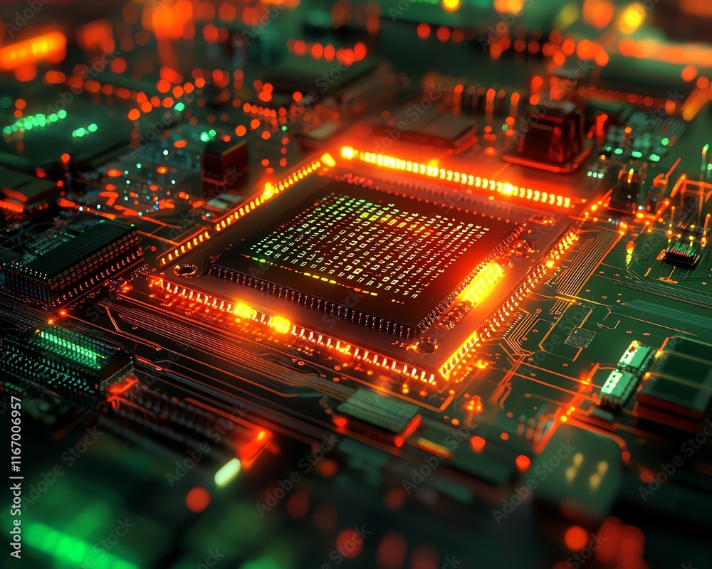 Poster vibrant 3d render of a circuit board with server code, featuring a dynamic abstract technology backg