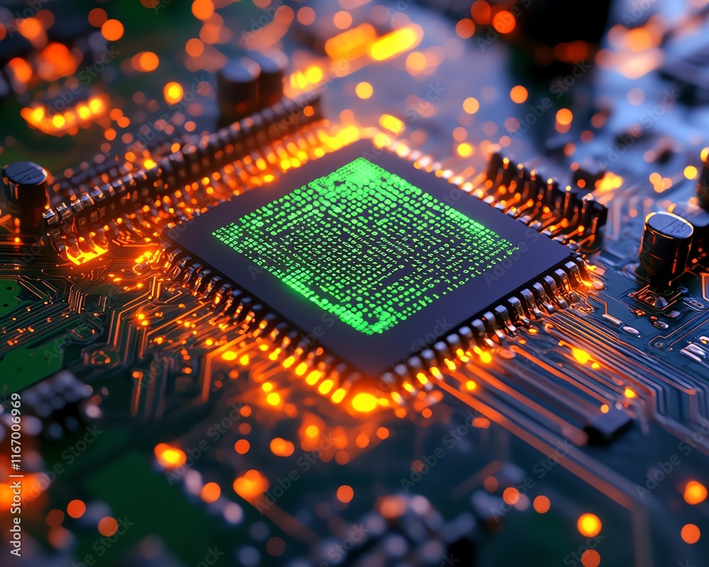 Poster vibrant 3d render of a circuit board with server code, featuring a dynamic abstract technology backg
