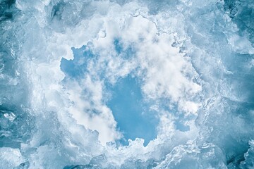 Obraz premium A panoramic view of an ice cave, with the sky visible through its entrance, showcasing intricate patterns and textures in shades of blue and white. The photograph captures the vastness of nature's