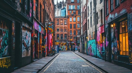 Fototapeta premium Colorful graffiti-covered alleyway in a city.