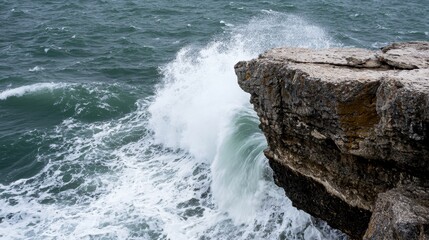 The ocean is rough and the waves are crashing against the rocks