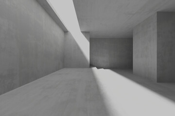 Modern industrial concrete interior design with sunlight streaming. 3d render.