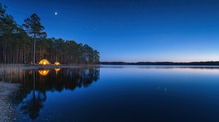 Obraz premium Two illuminated tents beside a tranquil lake under a starlit night sky.
