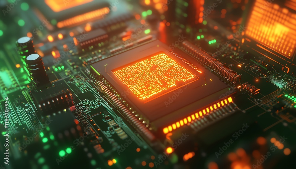 Poster dynamic 3d circuit board illustration with futuristic server code, set in an abstract technology env