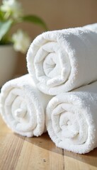 Neatly rolled white spa towels, ready for use, ready, cleanliness, white
