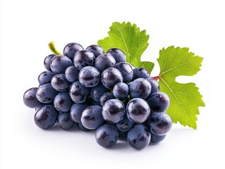 Fototapeta premium Fresh ripe black grapes with green leaves isolated on white background.