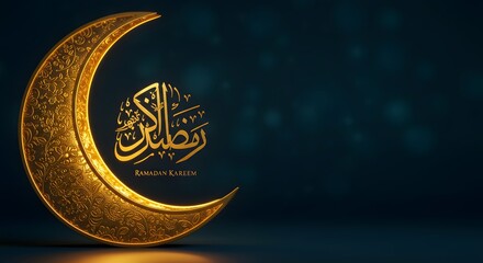 Golden crescent moon design for ramadan kareem with arabic calligraphy and islamic pattern, symbolizing Ramadan Kareem and festive Muslim celebration