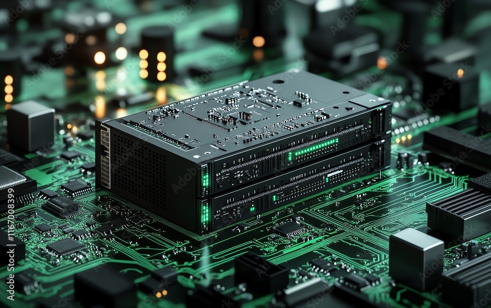 Poster futuristic 3d render showcasing a server with a detailed printed circuit board, surrounded by an abs