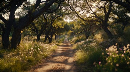 Naklejka premium Sunlit path through a verdant, tree-lined trail.