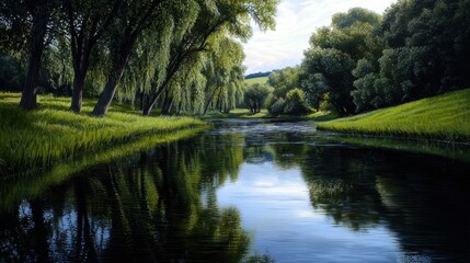 A painting of a river with trees on either side