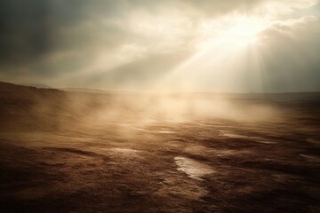 A photo of a red rock landscape at sunset in the White Canyon, Utah, with sun rays shining through the clouds above. High resolution, high detail, with soft natural lighting