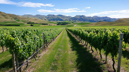 Naklejka premium A long row of grape vines with a clear blue sky in the background