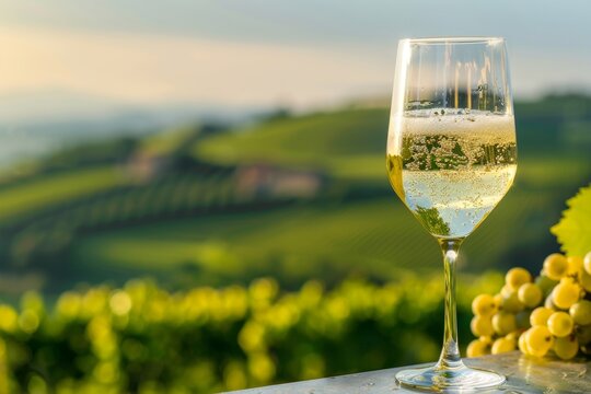 Scenic view of rolling hills covered with prosecco vineyards in picturesque italian landscape