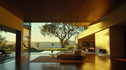 Modern living room with large windows showcasing scenic landscape, pool, and sunlight.