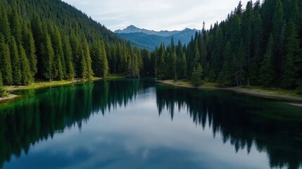 Naklejka premium A beautiful lake surrounded by trees with a mountain in the background