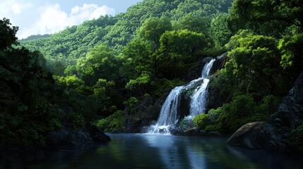 Fototapeta premium A beautiful waterfall surrounded by lush green trees