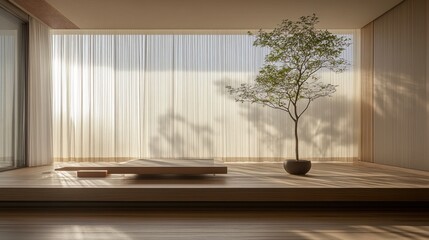 Minimalist interior design with wooden platform, sheer curtains, potted tree, and sunlight.