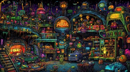 Naklejka premium Psychedelic futuristic cityscape with vibrant colors, intricate details, and strange creatures.