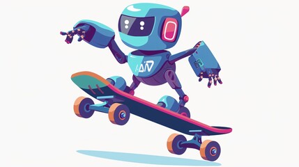Obraz premium Cool Funny Kid Robot Skating on Skateboard: Flat Cartoon Illustration