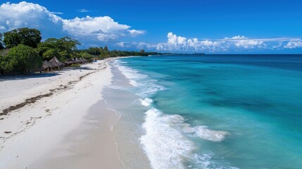 Fototapeta premium A beautiful beach with a blue ocean and white sand