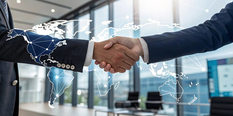 Smart logistics, Global business concept. Businessman making handshake for successful business, investment deal teamwork and partnership business partners on logistic global network and supply chain
