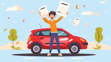 Obraz premium Professional Young Man Standing Next to Red Car: Driving License Concept