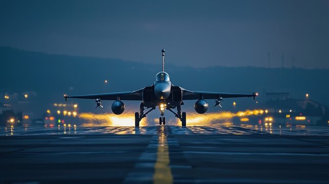 A jet is on the runway at night