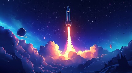 Fototapeta premium Cosmic Launch: A Rocket's Ascent Through Starry Skies