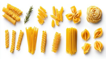 Assortment of dried Italian pasta on white background.