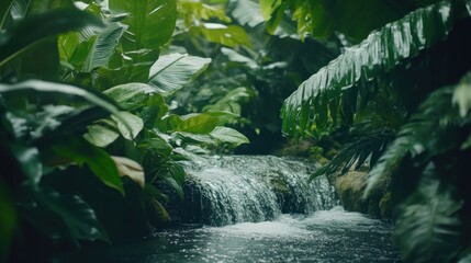 Lush green tropical rainforest with cascading waterfall.