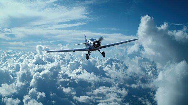 A small plane is flying through a cloudy sky